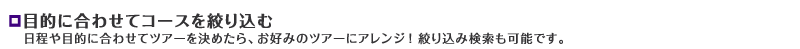 目的に合わせてコースを絞り込む　日程や目的に合わせてツアーを決めたら、お好みのツアーにアレンジ！ 絞り込み検索も可能です。