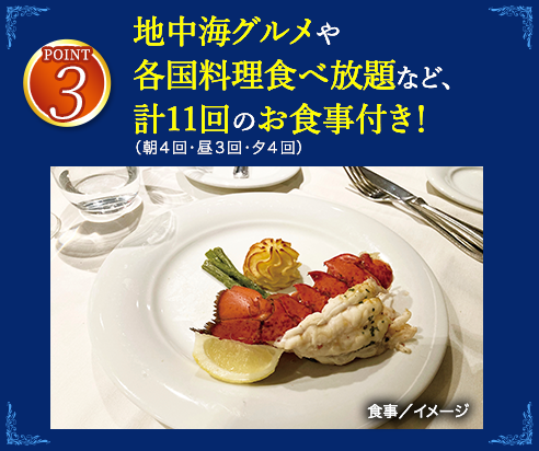 3 地中海グルメや各国料理食べ放題など、計11回のお食事付き！