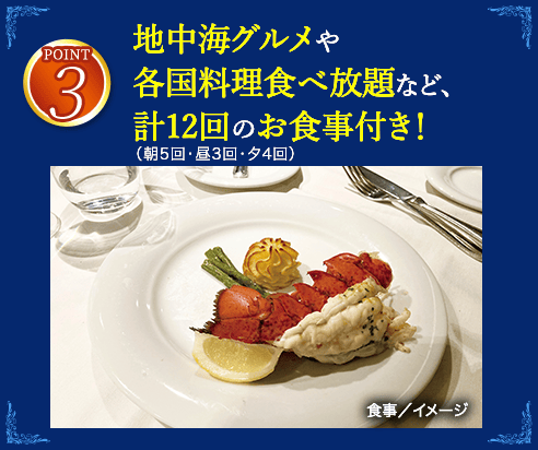 3 地中海グルメや各国料理食べ放題など、計12回のお食事付き！