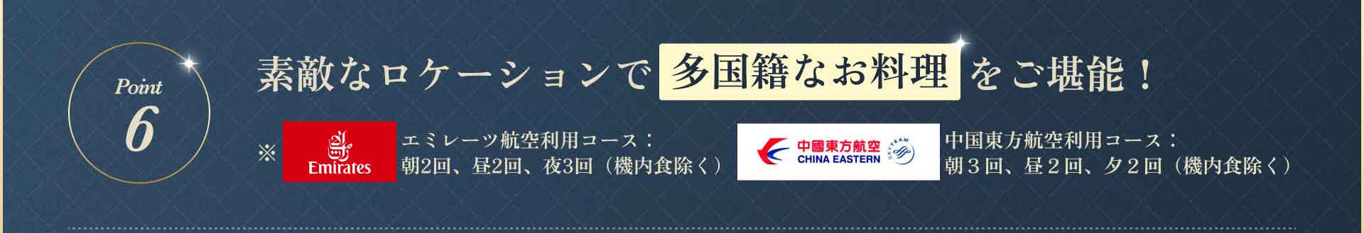 素敵なロケーションで多国籍なお料理をご堪能！エミレーツ航空利用コース：朝2回、昼2回、夜3回（機内食除く）中国東方航空利用コース：朝3回、昼2回、夕2回