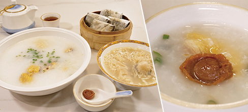 市内レストランにて「ワンタン麺とあわび入りの お粥」のご朝食