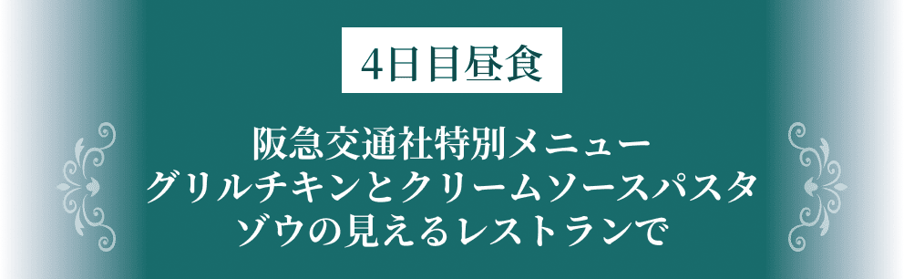 4日目昼食 阪急交通社特別メニュー グリルチキンとクリームソースパスタ ゾウの見えるレストランで