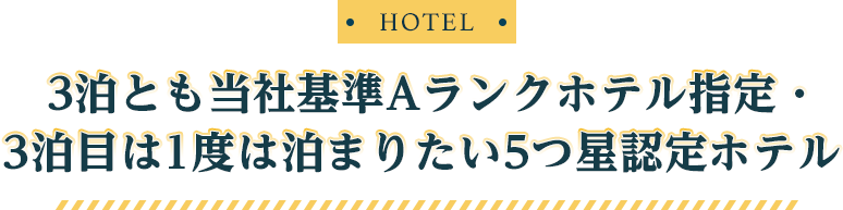 【HOTEL】3泊とも当社基準Aランクホテル指定・3泊目は1度は泊まりたい5つ星認定ホテル
