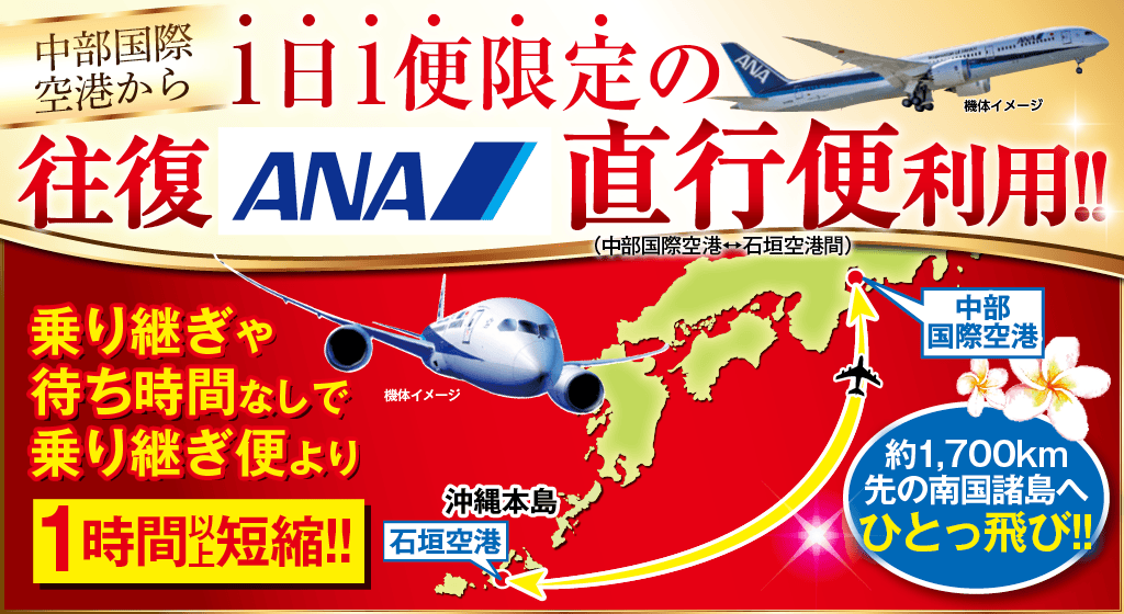 中部国際空港から1日1便限定の往復ANA直行便利用!!