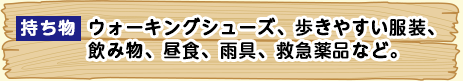 持ち物：ぬかるみやすい箇所がありますので、靴底が凸凹で防水のハイキングシューズでご参加ください、歩きやすい服装、飲み物、昼食、雨具、救急薬品など。