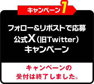 キャンペーン1 フォロー&リポストで応募 公式X(旧Twitter)キャンペーン キャンペーン1の詳細はこちら