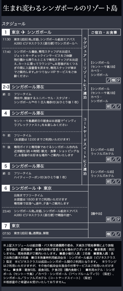ロイヤルコレクション｜カペラホテルシンガポール・ラッフルズホテル　旅程
